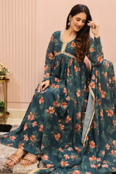 Castleton Green Floral Printed Georgette Alia Cut Designer Kurtis